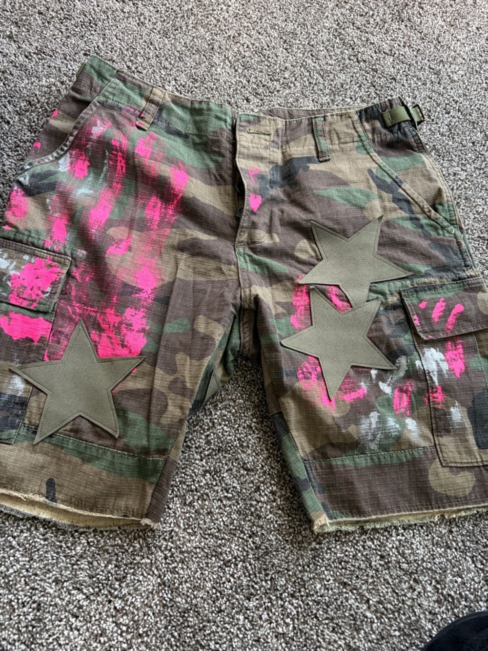 MNML Camo Cargo Shorts with Pink Paint and Star Patches
